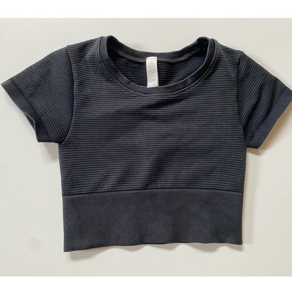 Baby Tee Offline by Aerie Womens XS Black Seamless Ribbed Short Sleeve Crop Top - Picture 8 of 8